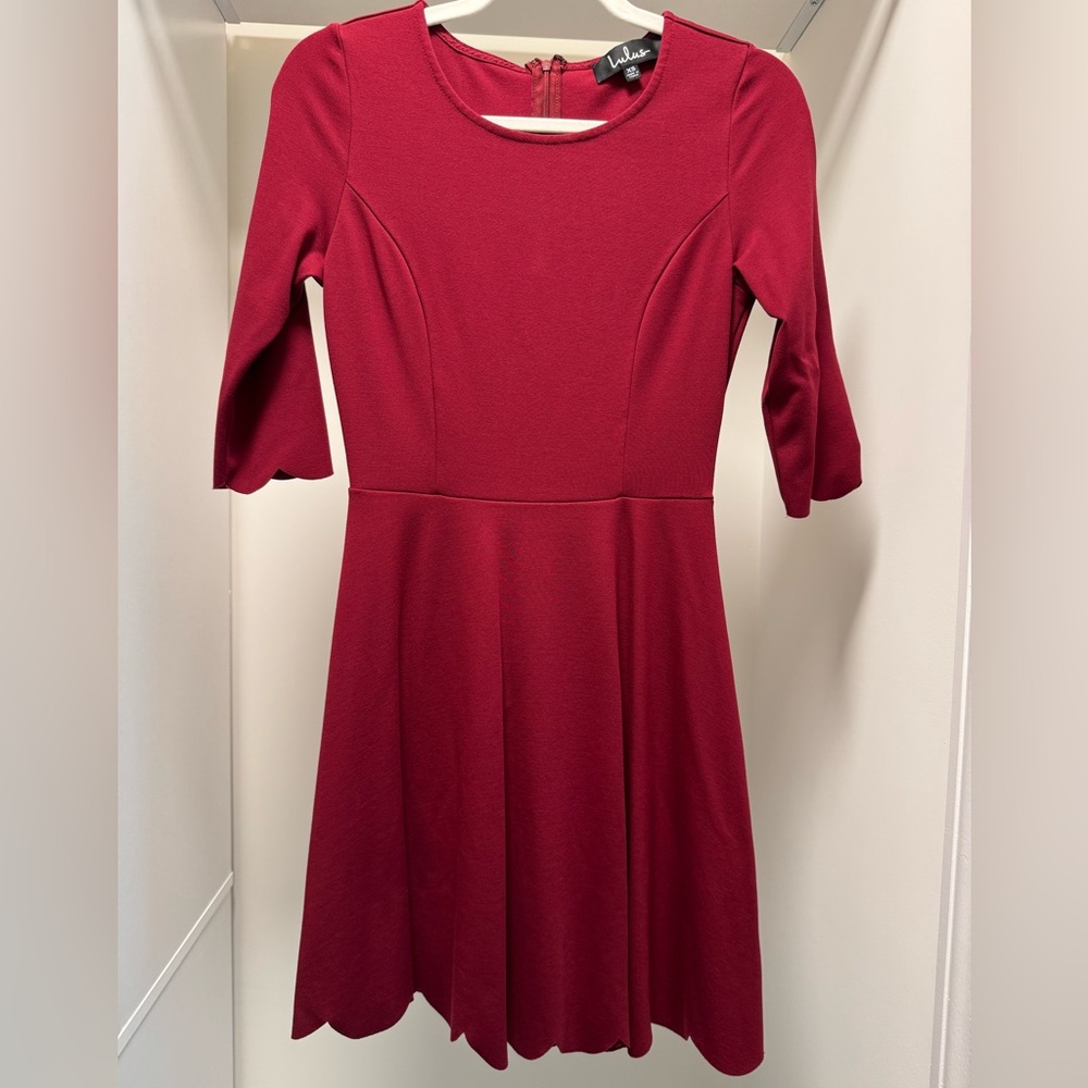 Lulu's XS Wine Red Dress with 3/4 Sleeves and Scalloped Hem